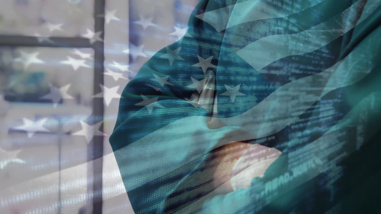 animación de la bandera de los estados unidos ondeando sobre el cirujano en la sala de operaciones