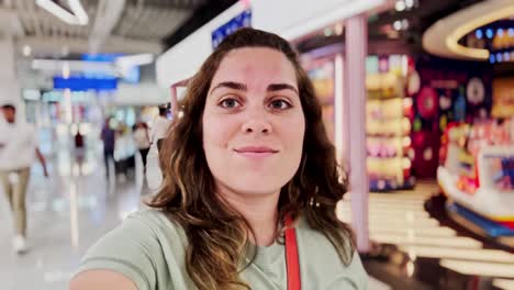 travel vlogger recording selfie video at airport arrival