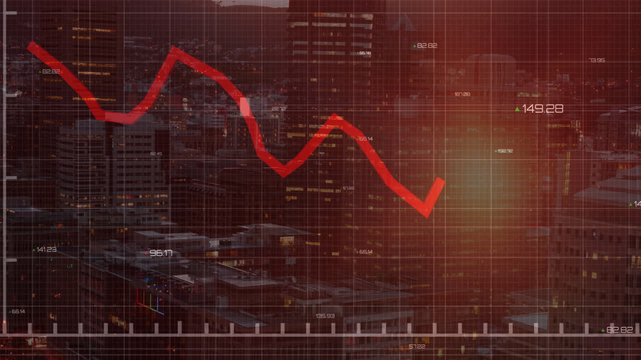 Animation of red line and financial data processing over dark background