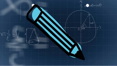 animatie van potlood schoolpictogram en wiskundige formules op blauwe achtergrond
