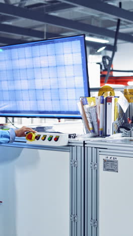 modern technologically advanced factory. workers adjust the operation of industrial machine on the big screen at industrial plant. vertical video