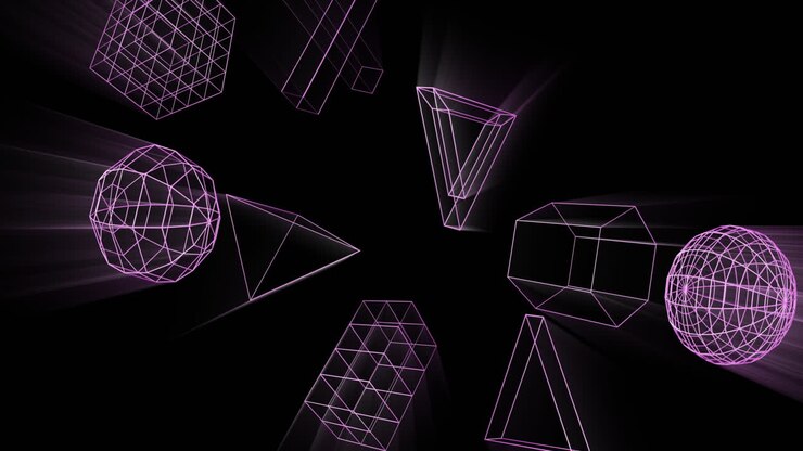 Animation of glowing 3d shapes moving on black background
