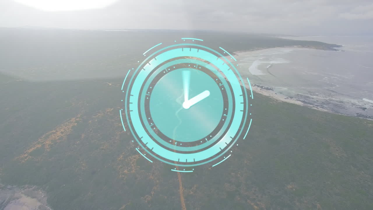 Clock animation over aerial view of coastal landscape with ocean and greenery