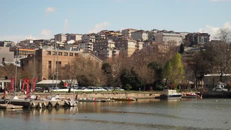 a view of a city harbor with boats docked at the marina