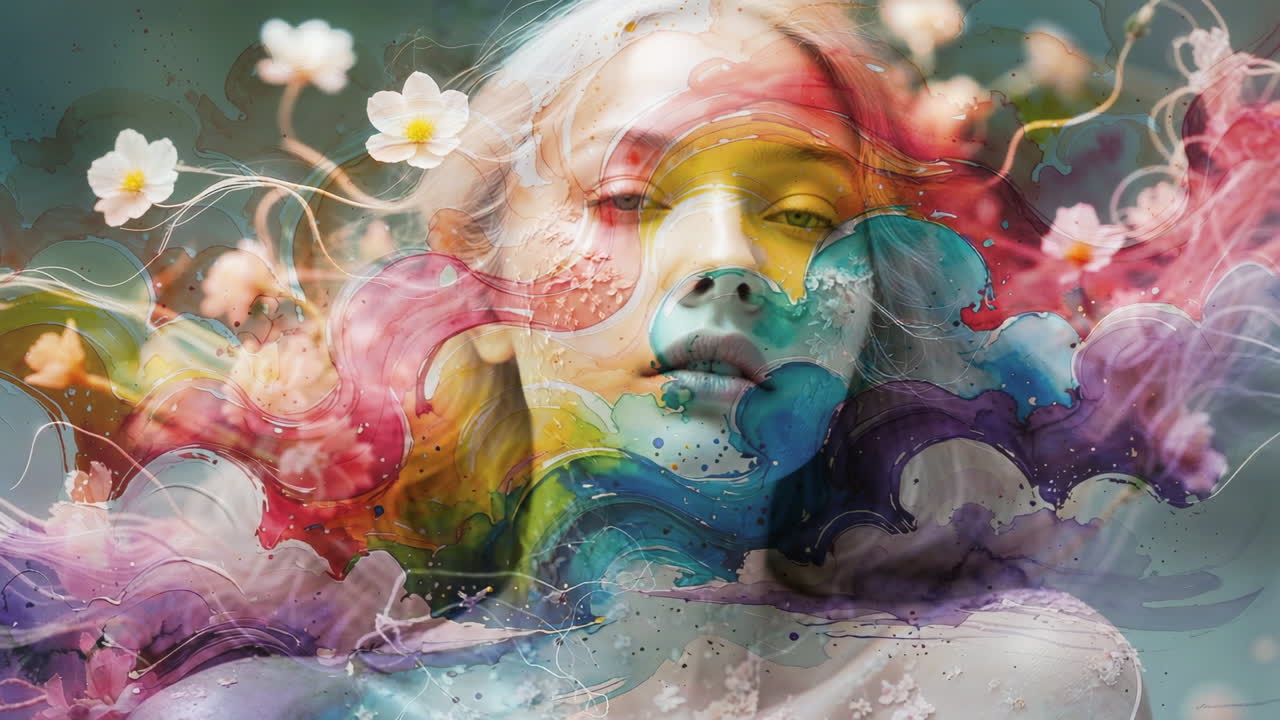 Abstract Watercolor Portrait of a Woman with Flowers