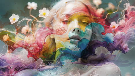 abstract watercolor portrait of a woman with flowers