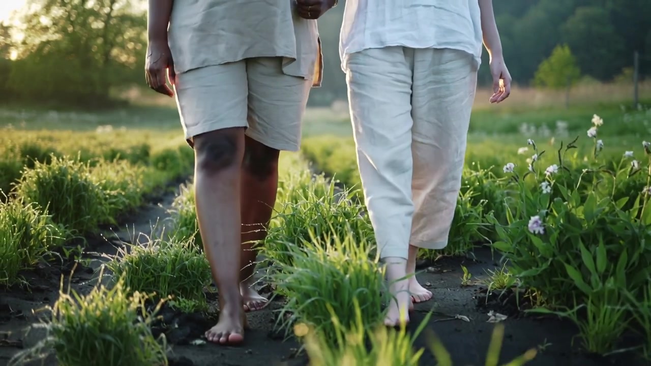 Walking pair moving along narrow dirt path sunlight guiding showing linen barefoot anklet strap