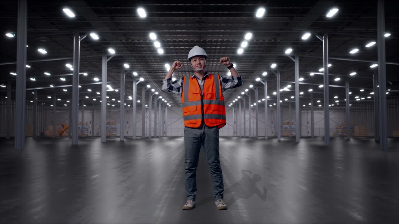 Full Body Of Asian Male Engineer With Safety Helmet Flexing His Bicep And Smiling To Camera While Standing in Empty Modern Warehouse