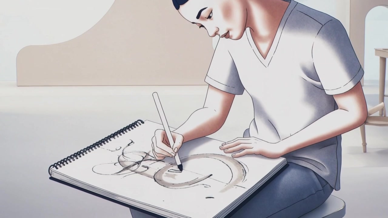 Un artista emergente, inclinato in avanti, con maglietta a V e jeans, rifinisce un anello su un blocco a spirale con un pennarello in studio.