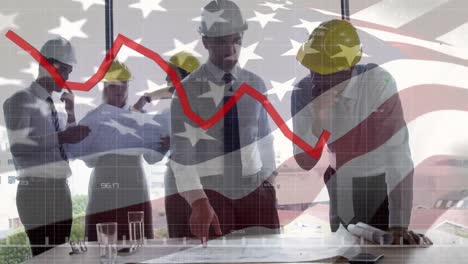 mathematical equations over site worker on american flag.