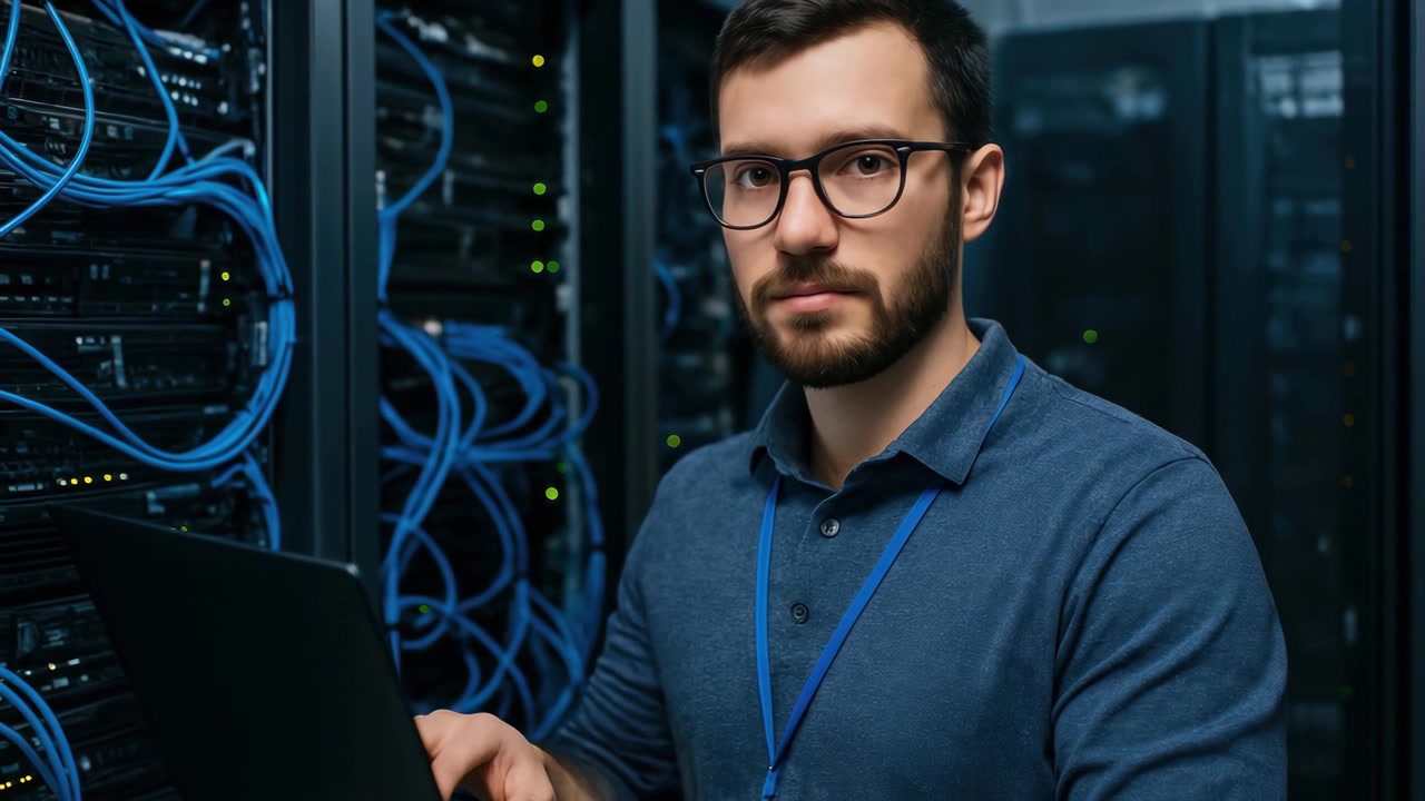 IT Professional Working on Laptop in a Data Center