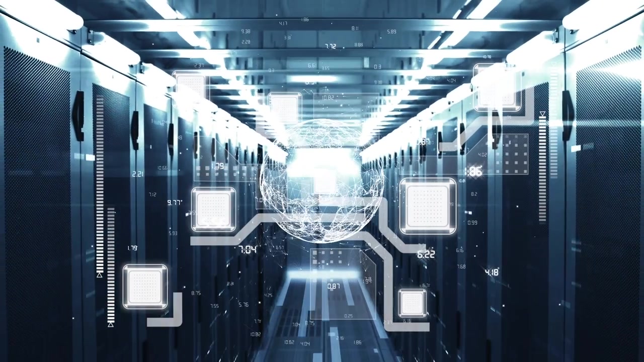 Animation of digital rotating globe, squares glowing with moving lines and data over server room