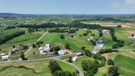 an aerial flight over the rural farmland of southern lancaster county, pennsylvania