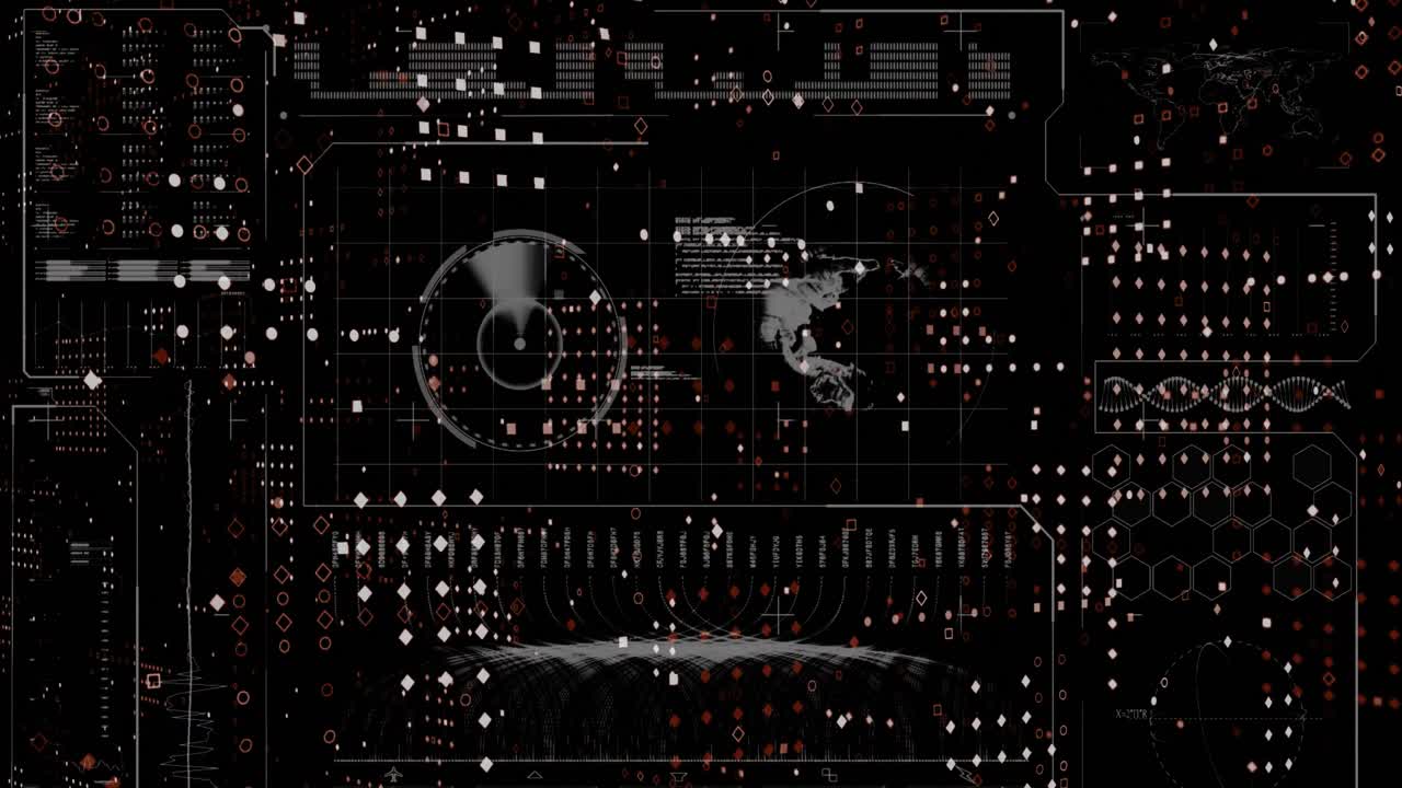 Animation of globe, soundwaves, radar, dna helix, dots forming abstract pattern on black background
