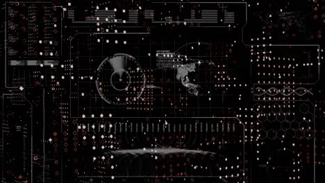 Animation-of-globe,-soundwaves,-radar,-dna-helix,-dots-forming-abstract-pattern-on-black-background