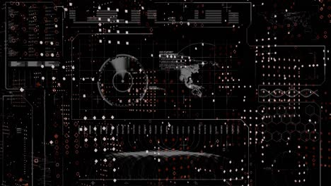 animation of globe, soundwaves, radar, dna helix, dots forming abstract pattern on black background