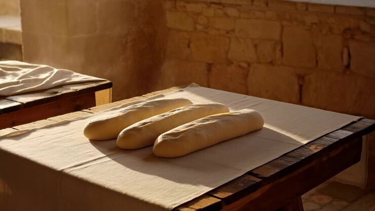 Elongated unbaked loaves visibly swell across the sequence, their soft surfaces developing gentle folds while warm window light casts long shadows over cloth and weathered wood.