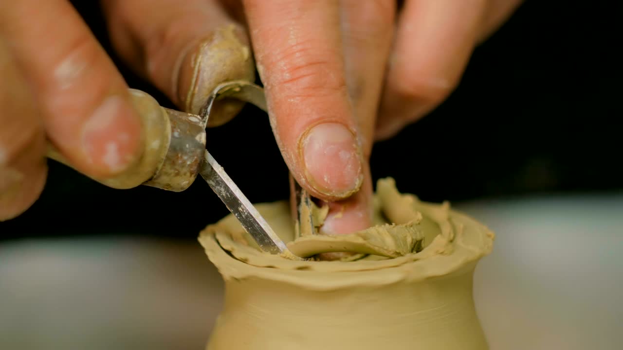 전문 도자기 도자기 작업실에서 특별한 도구로 도자기 조각 컵