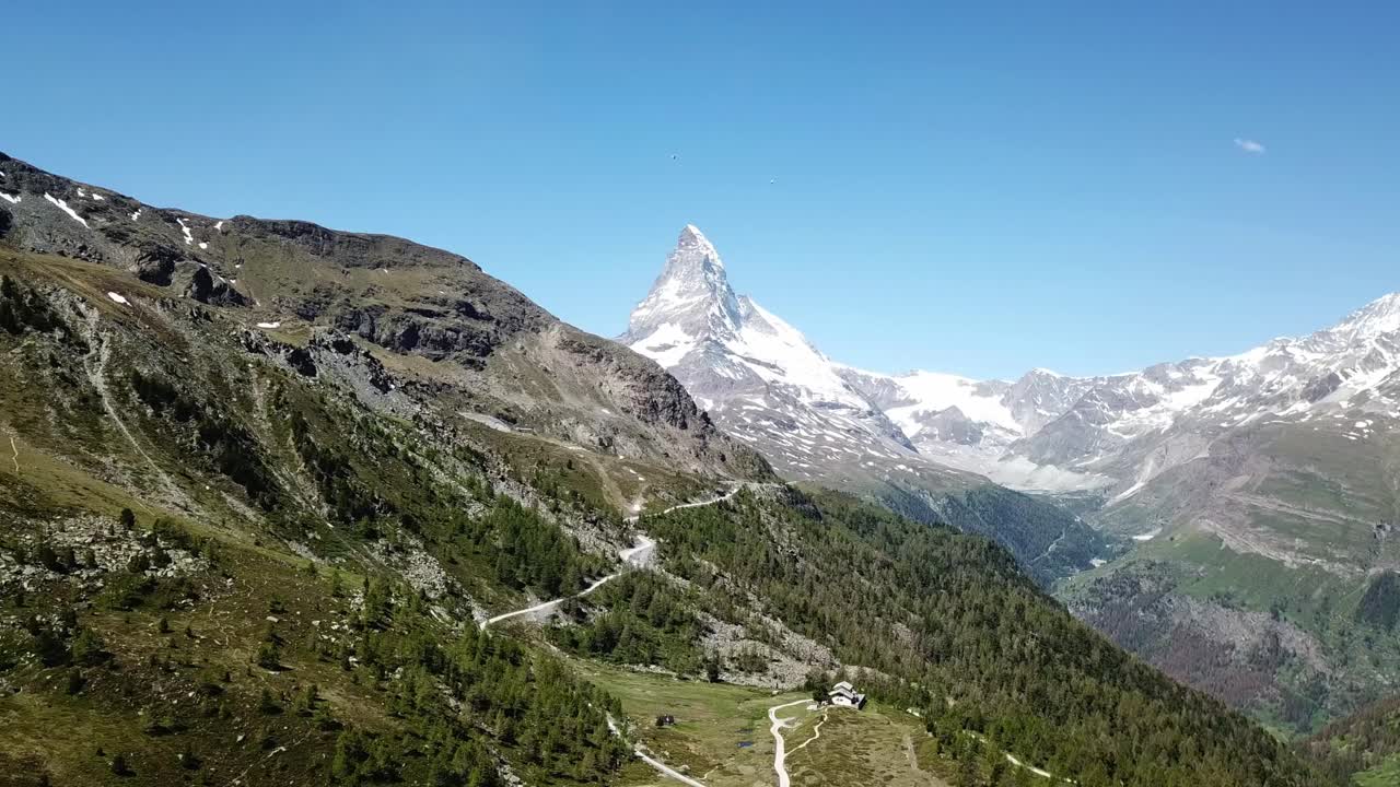 Aerial view of the pyramidal peak Matterhorn in the horizon, Zermatt, Switzerland