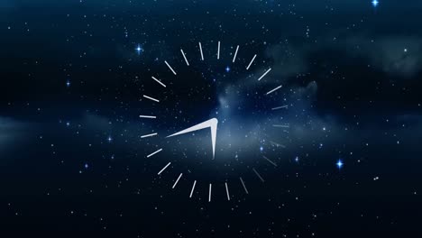 Animation-of-clock-moving-over-stars-on-black-background