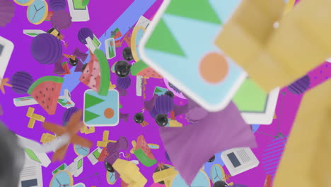 animation of various 3d media icons advancing over abstract shapes on purple background