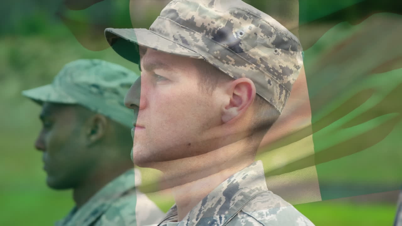 animación de la bandera de nigeria sobre los soldados caucásicos