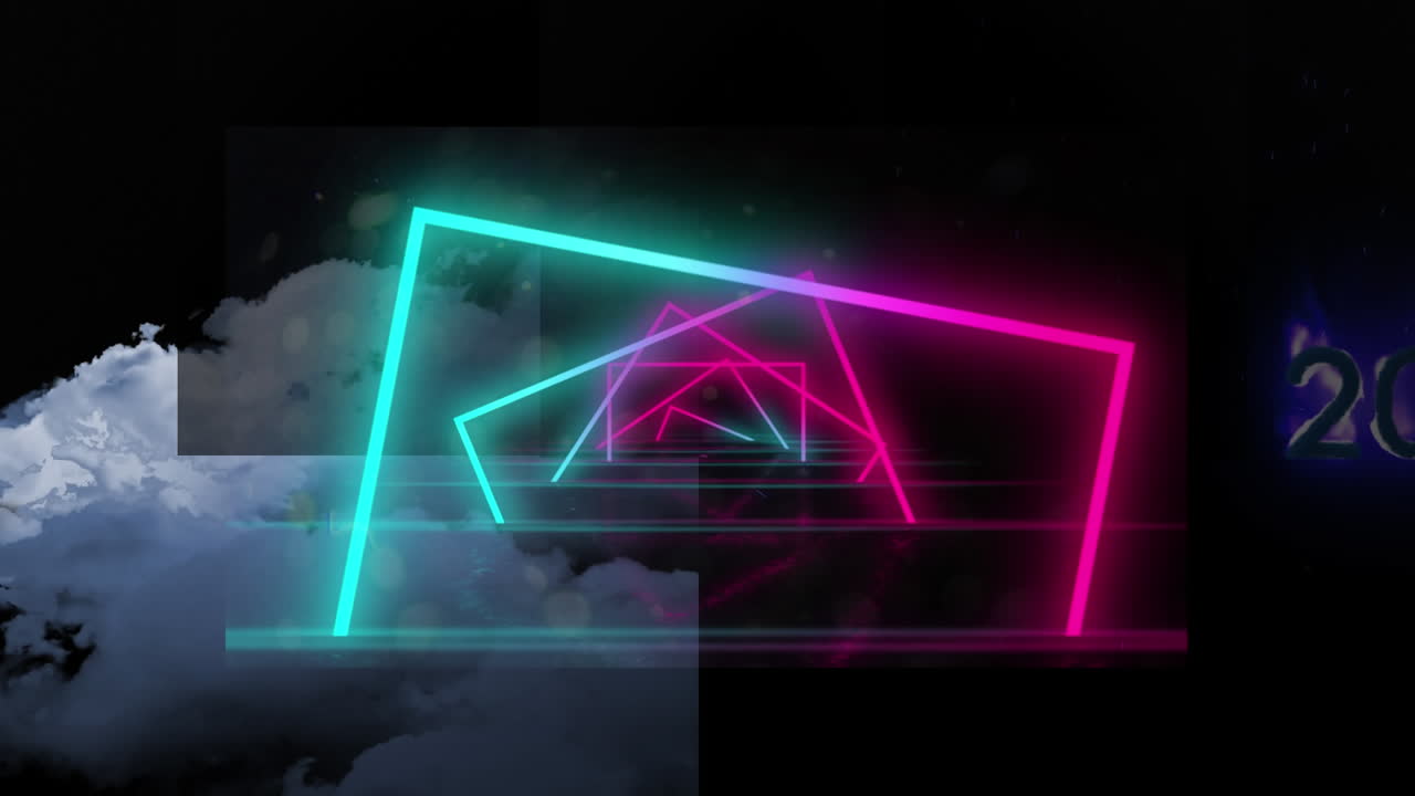 анимация неоновых квадратов, вращающихся в петле над облаками и черным фоном