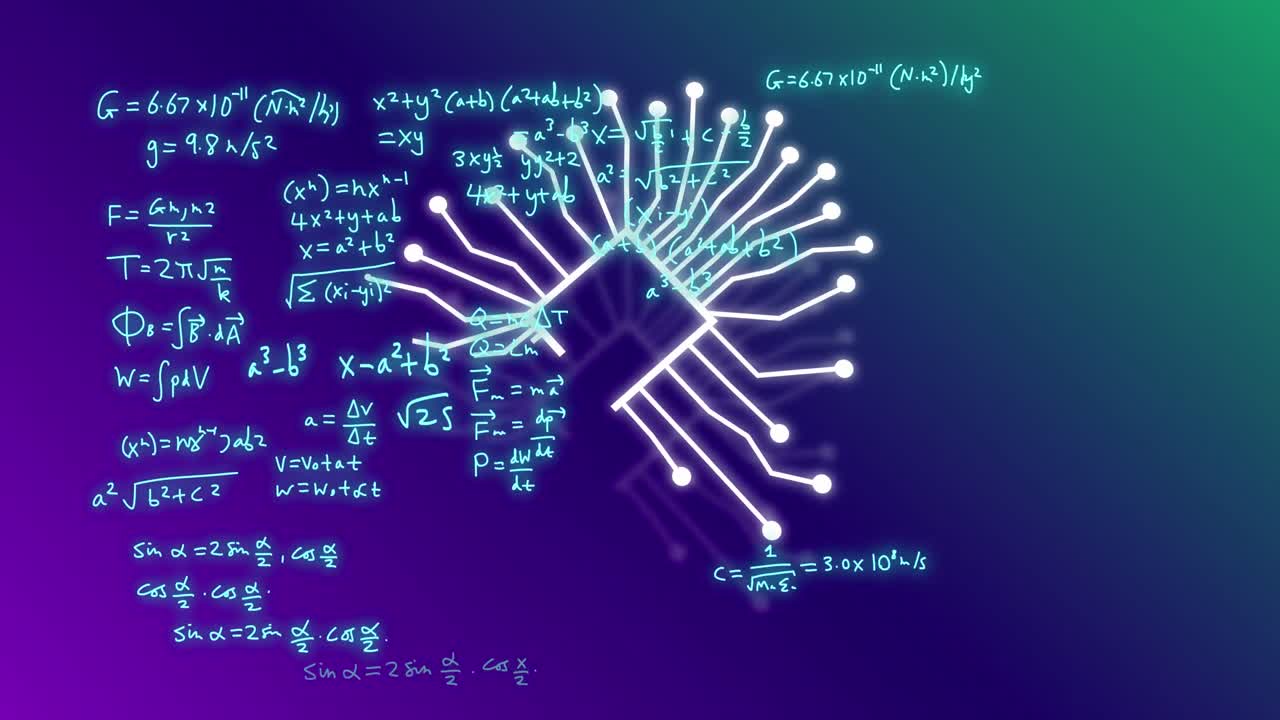 Animation of ai data processing and icon and mathematical formulae