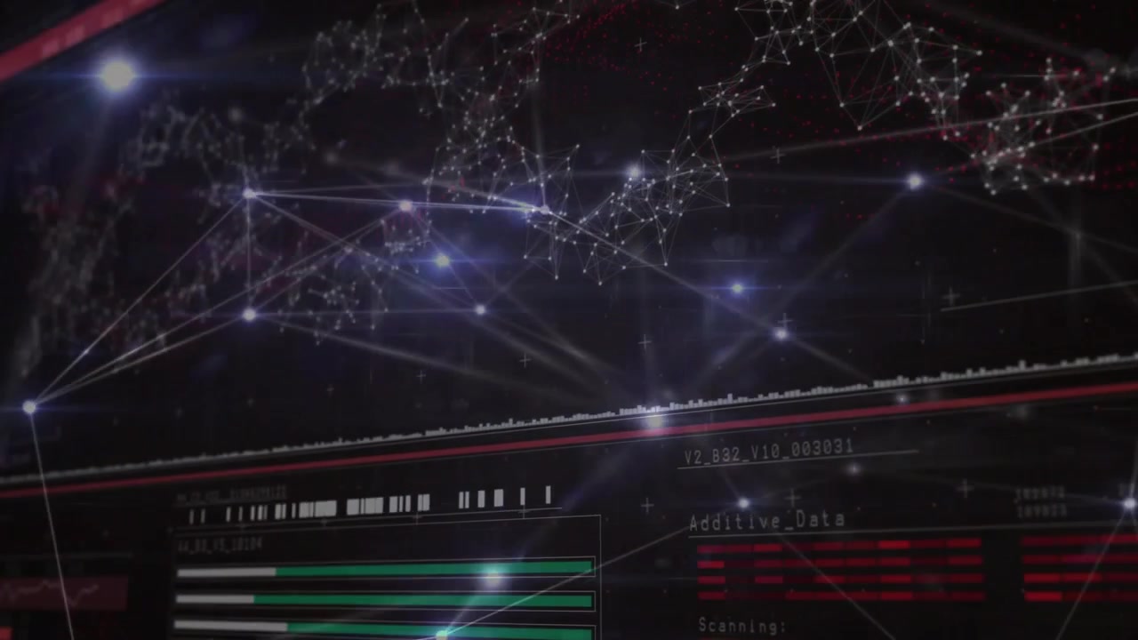 Pulsing clustered node map filling center at console, showing waveform, green meters, red text