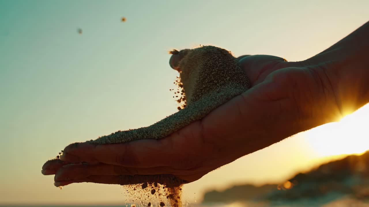 Close-up video shot of a hand letting sand fall, capturing the sunset