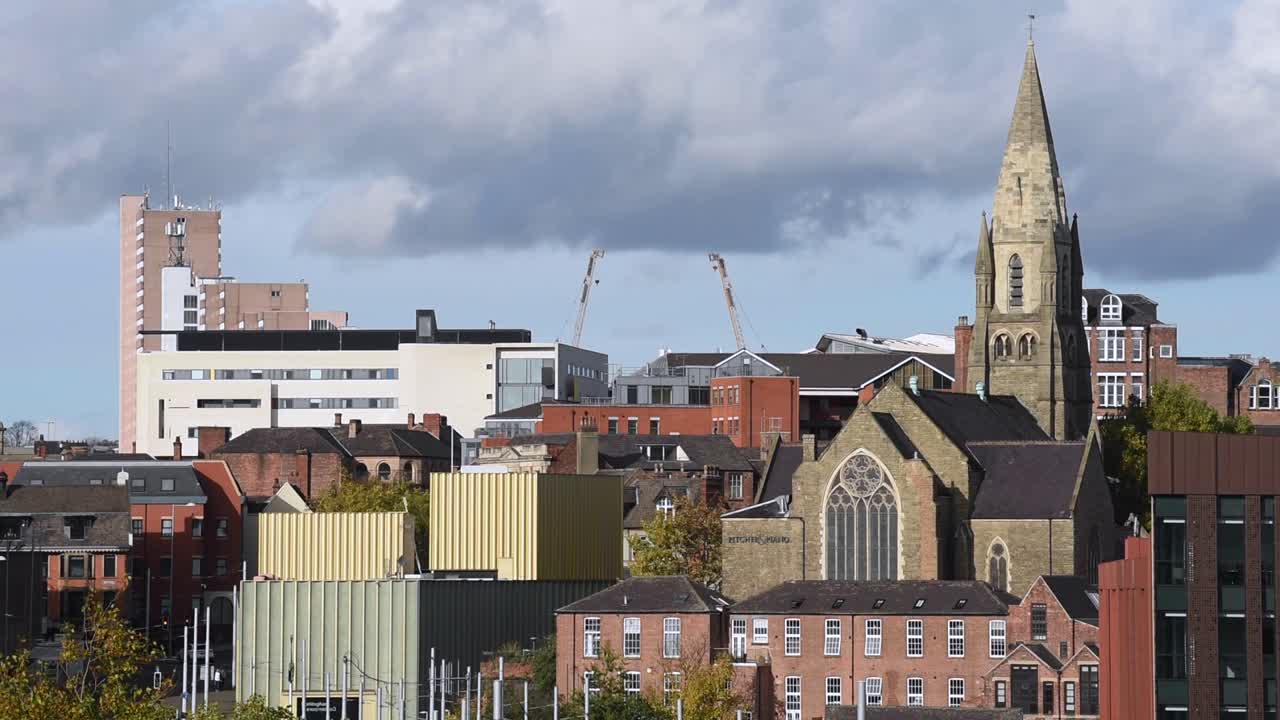 Beautiful view of the Nottingham city skyline at the heart of Nottingham city centre, England. This urban cityscape highlights the modern architecture and historic landmarks in the East Midlands