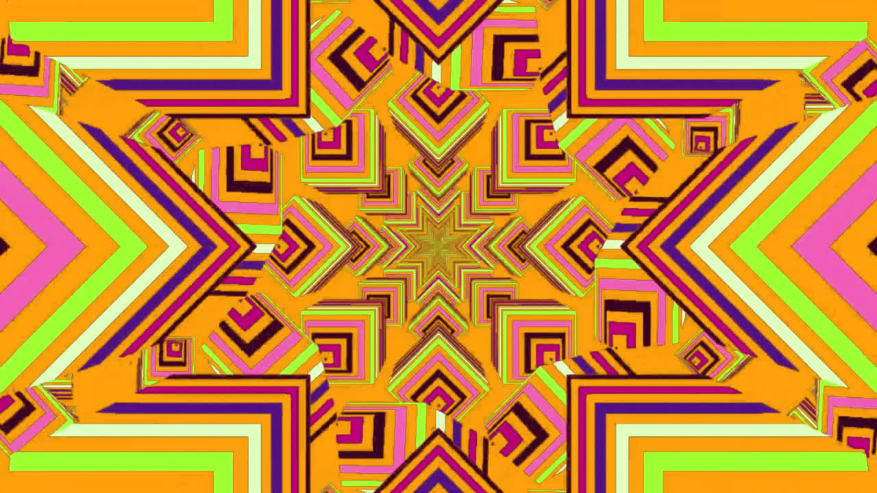formas multicolores hipnóticas se animan contra el amarillo en un video digital.