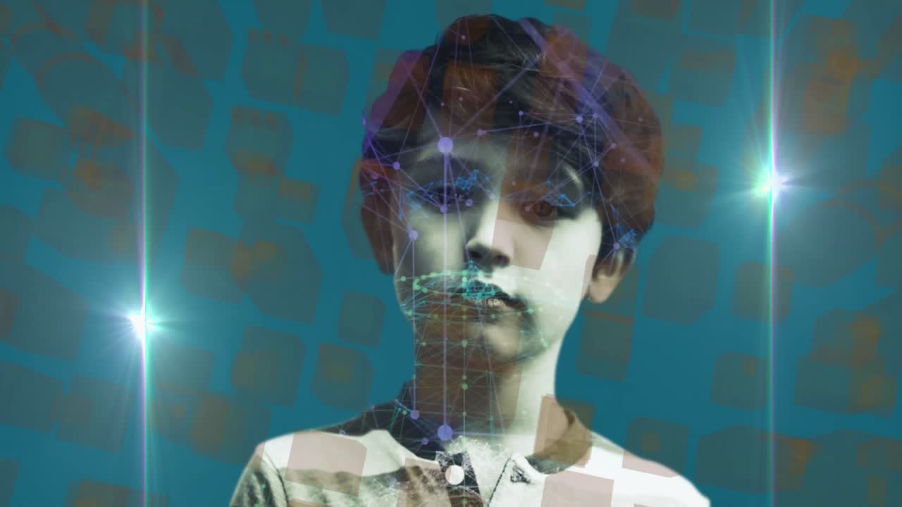 red de conexiones sobre un niño contra el modelo de ciudad 3d