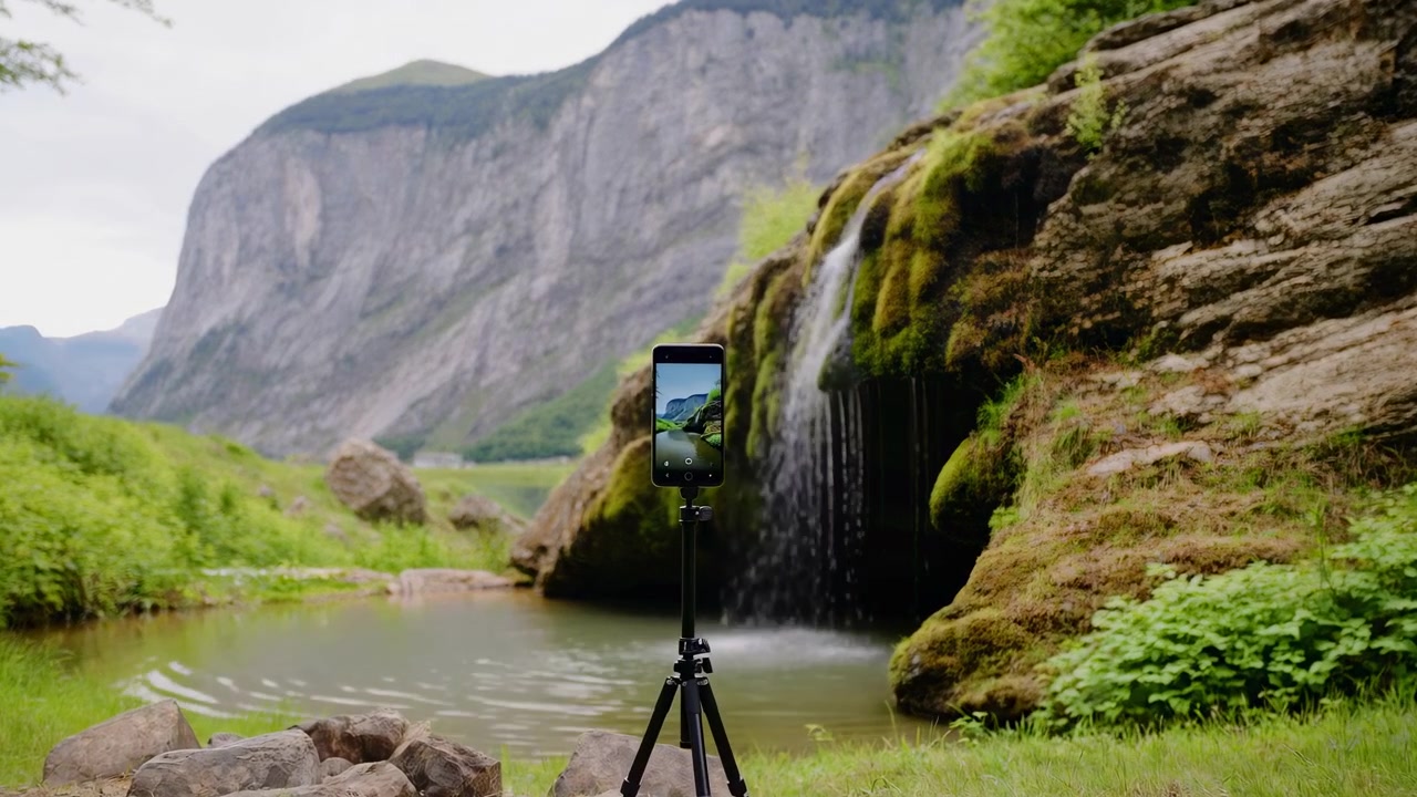 Phone On Tripod Framing Waterfall Scene In Mountain Valley, Mosscovered Rock Spilling Gentle Stream Into