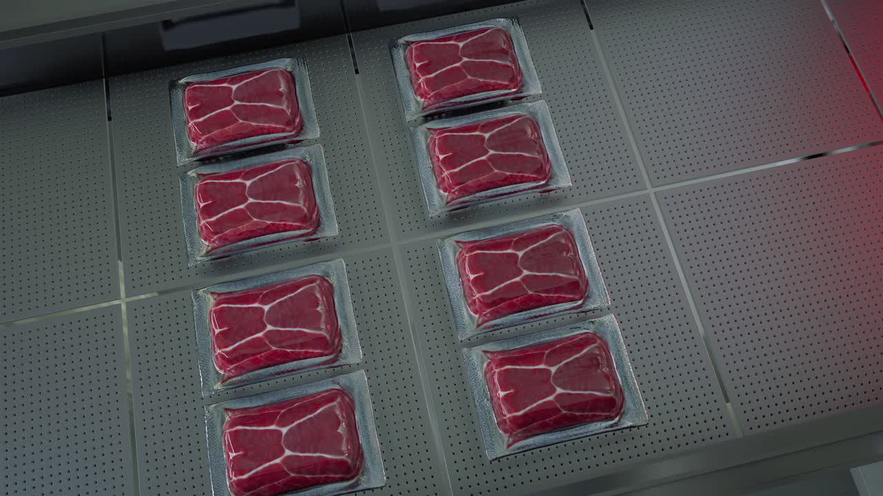 vassoi di carne cruda confezionati su un nastro trasportatore in una fabbrica