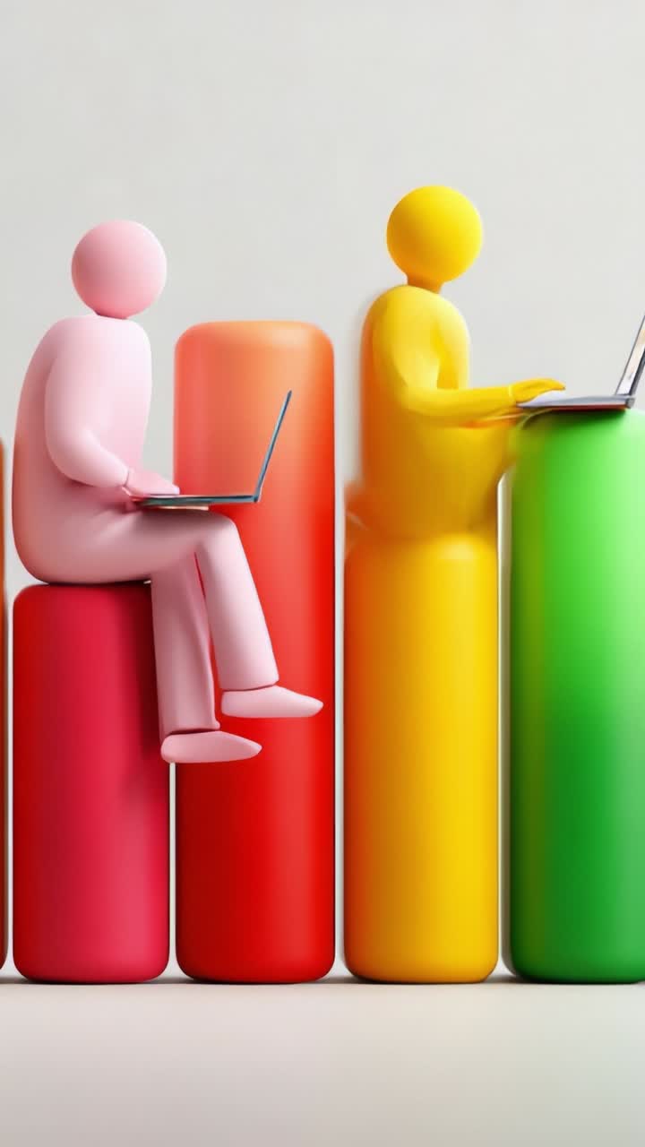 Colorful 3D Figures Engaged in Productive Activities on Graph-Like Bars, Representing Growth and Progress in a Modern Workspace Environment