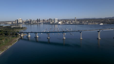 aerial view of coronado bridge and san diego skyline