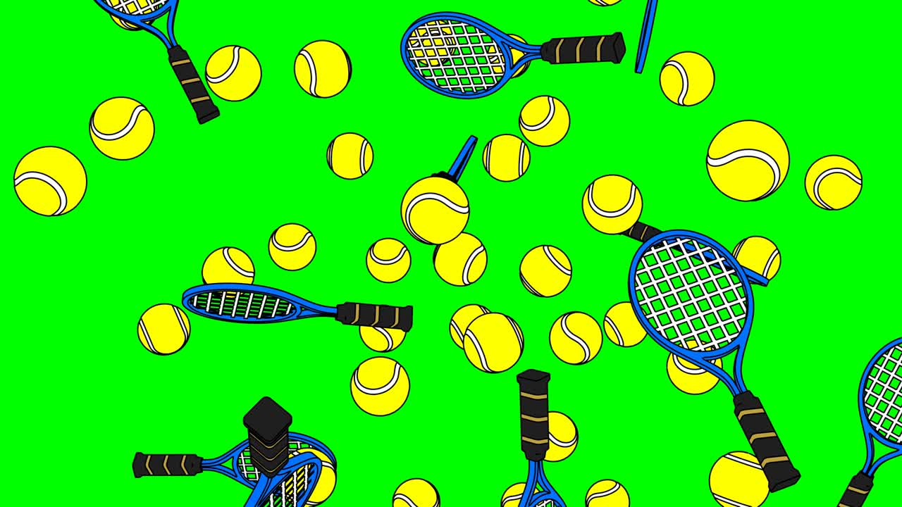 초록색 크로마 키 배경에 톤 스타일의 테니스 공과 파란색 테니스 라켓.