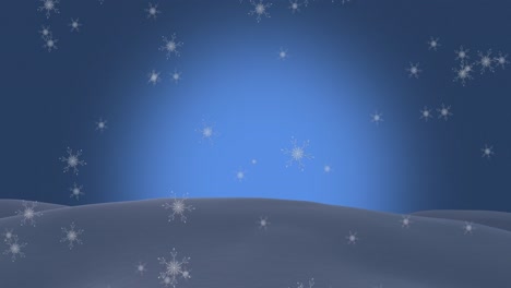 Animation-of-snowflakes-falling-over-snow-and-blue-background