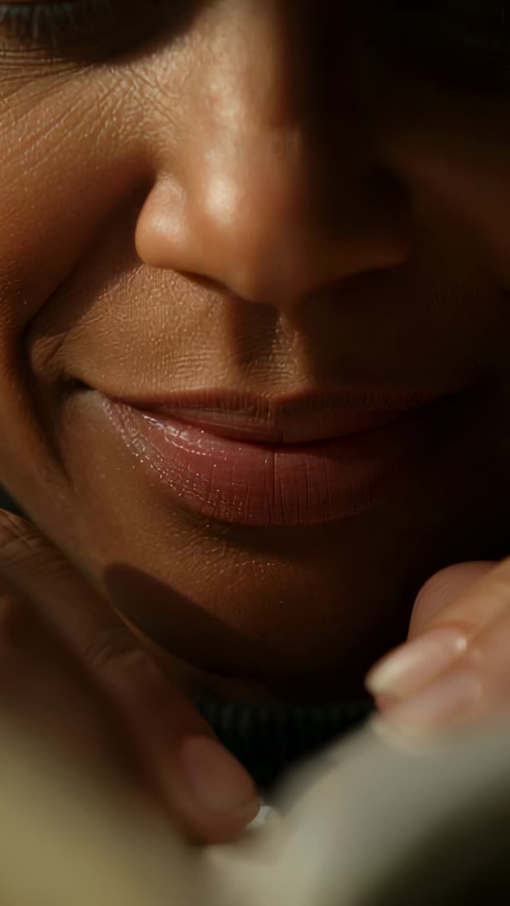 Vertical video: Fingertips entering guiding woman holding pale object by chin in dark room, smiling