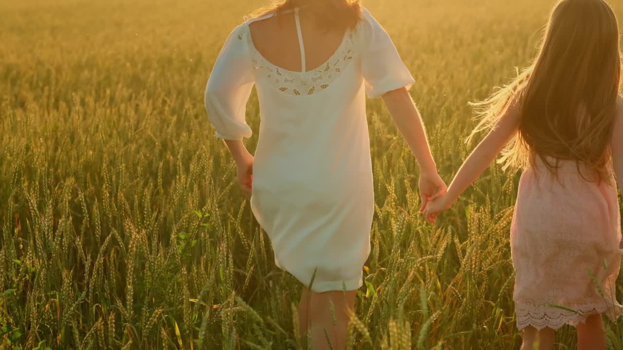 Sisters Running in a Wheat Field at Sunset