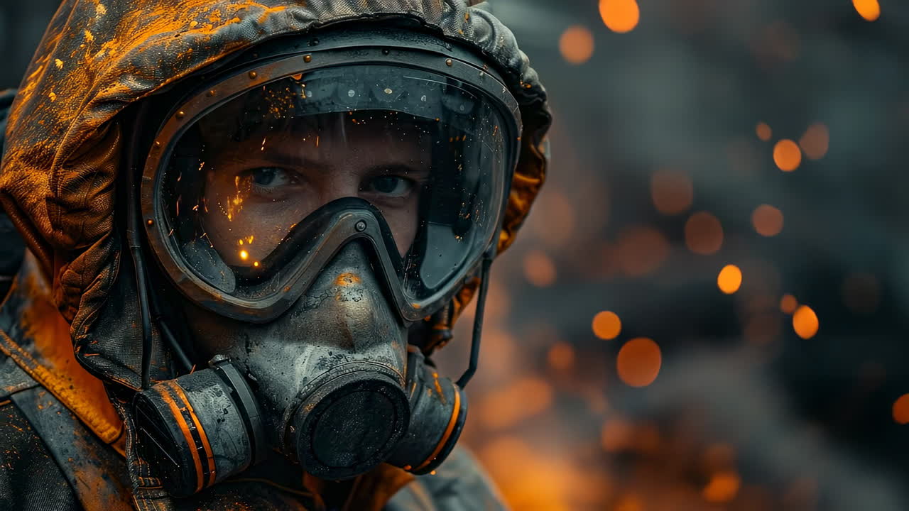 En brandmand modstår flammerne. En brandmand står i nærheden af en brand iført maske og beskyttende tøj.