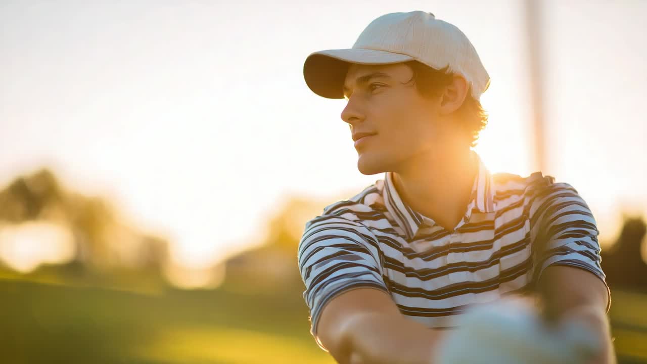 Golf player preparing to swing during sunset at a scenic course