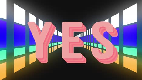 animation of yes text over colorful shapes on black background