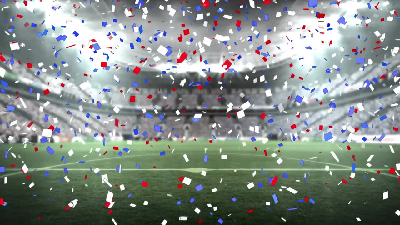 스포츠 경기장 위로 떨어지는 파란색과 빨간색 콘페티의 애니메이션