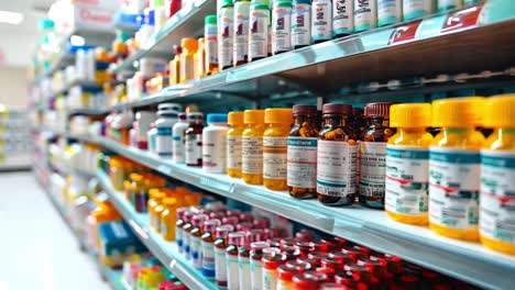 shelves of medications and health products in a pharmacy