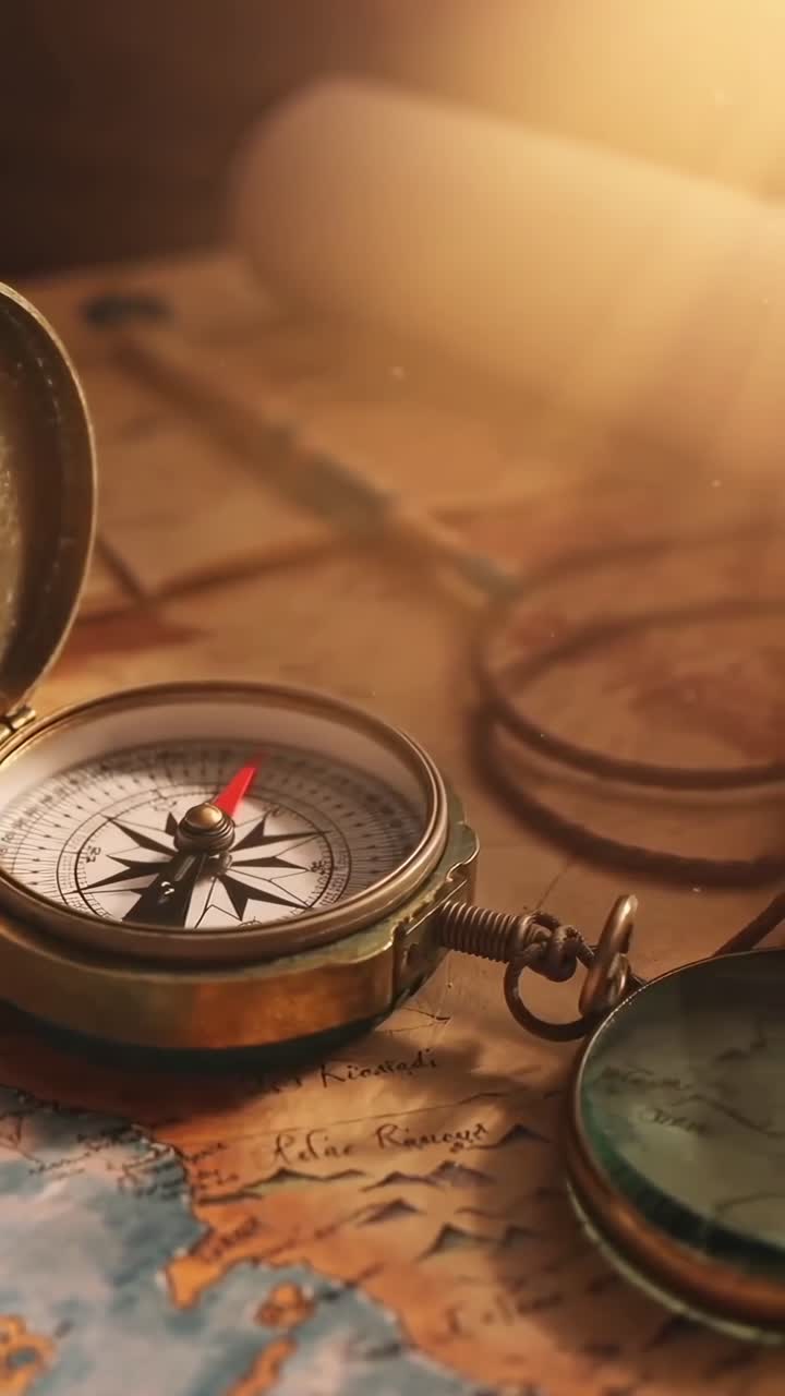 Vintage compass on a map, captured in a close-up angle, evoking an adventure video feel