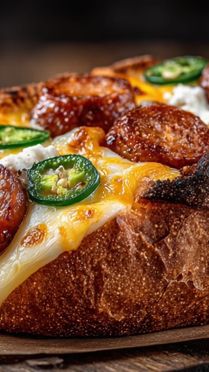 Un plat de pain délicieusement fromagé, avec du fromage doré et fondant, des saucisses tranchées et des jalapeños frais sur une croûte grillée, pour une expérience alléchante.