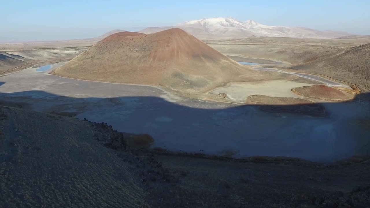 Aerial View of Volcanic Crater Lake in Arid Landscape