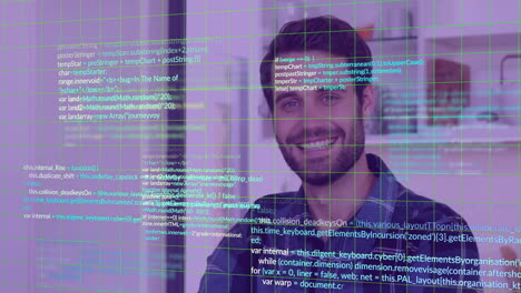 sosteniendo un teléfono inteligente, hombre con animación de código sobre el fondo de la cuadrícula, centrándose en la pantalla